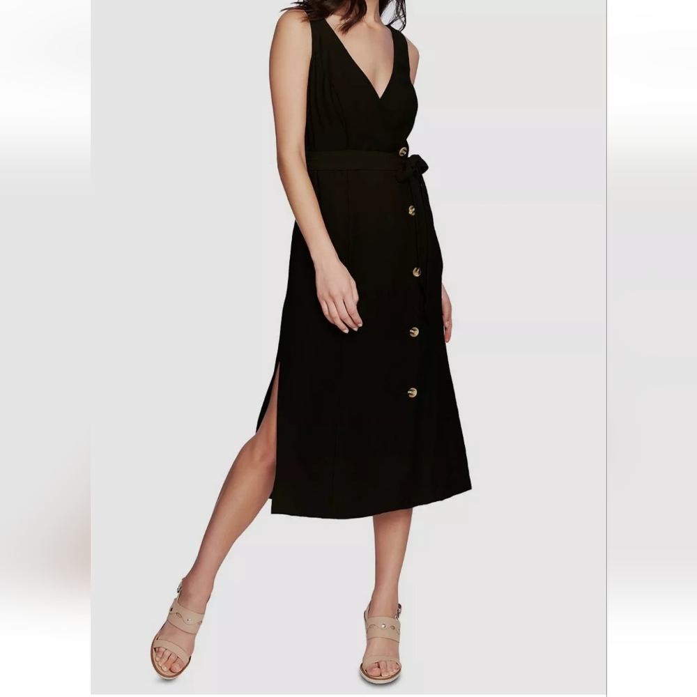Anne Klein black v-neck sleeveless dress with button down front L